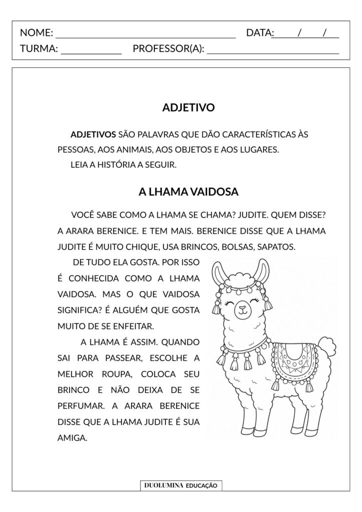 Adjetivos – Atividade de Língua Portuguesa para o 3º Ano (EF03LP09) - Duolumina