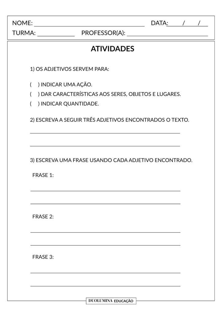 Adjetivos – Atividade de Língua Portuguesa para o 3º Ano (EF03LP09) - Duolumina