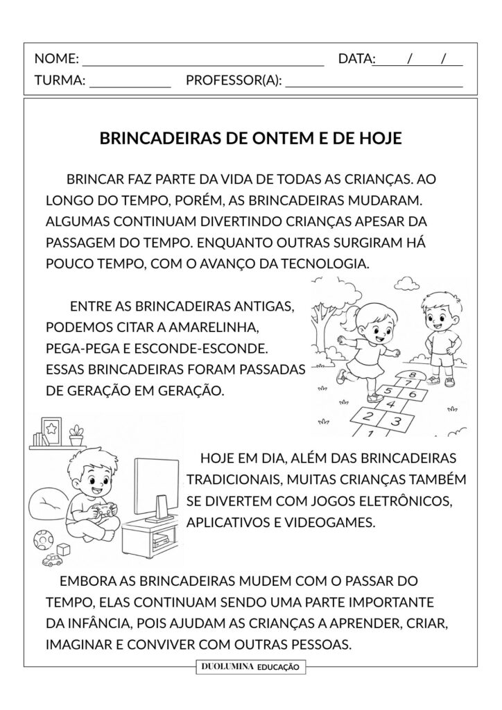 Brincadeiras de Ontem e de Hoje – Atividade pronta para imprimir - Download gratuito - Duolumina Educação