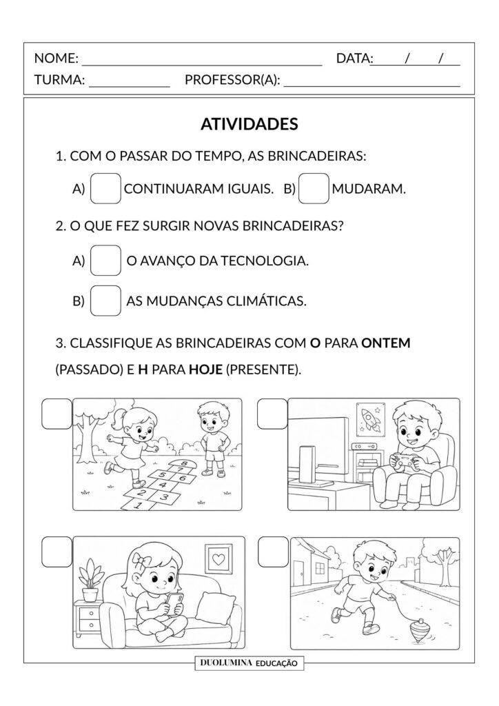 Brincadeiras de Ontem e de Hoje – Atividade pronta para imprimir - Download gratuito - Duolumina Educação