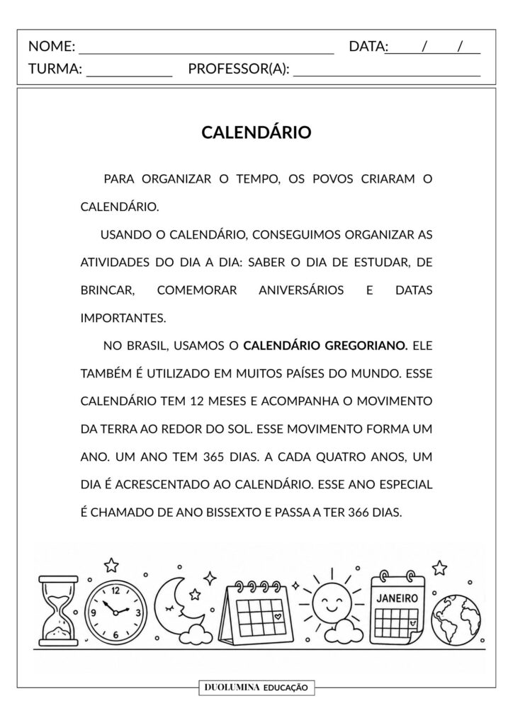 Calendário – Atividade de História para o Ensino Fundamental - Duolumina