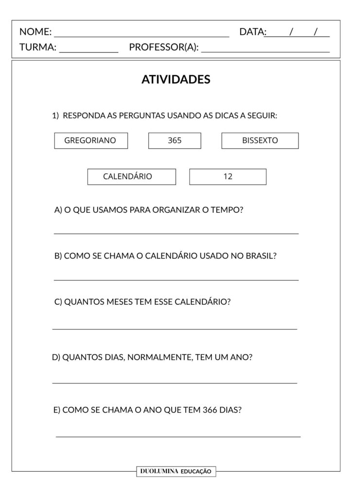 Calendário – Atividade de História para o Ensino Fundamental - Duolumina