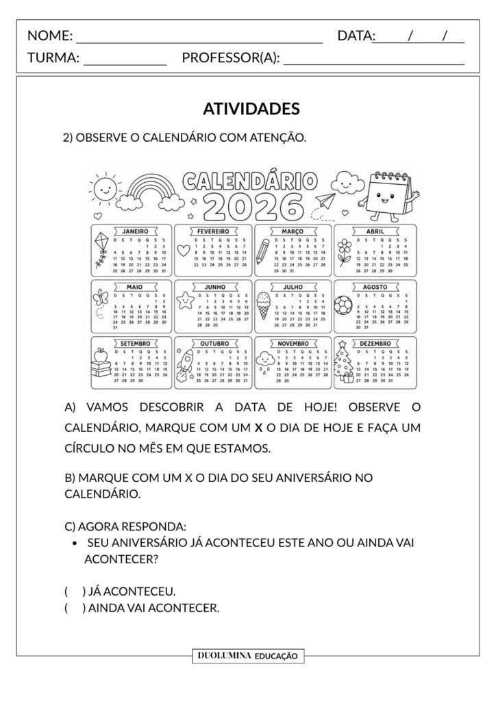 Calendário – Atividade de História para o Ensino Fundamental - Duolumina