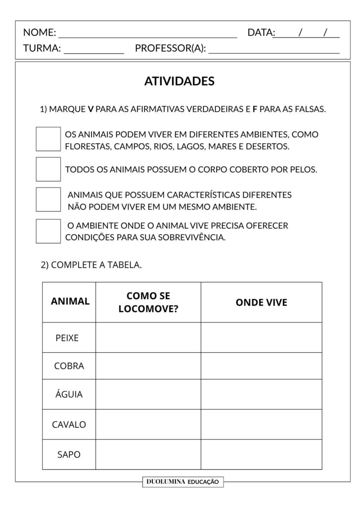 Conhecendo os Animais – Atividade de Ciências pronta para imprimir - Download gratuito