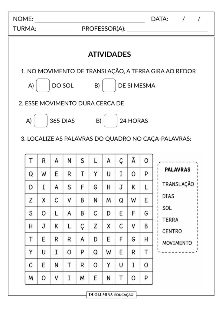 Movimentos da Terra – Atividade Gratuita de Ciências - Pronta para imprimir