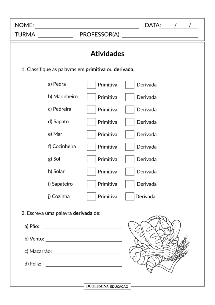 Baixe gratuitamente atividades sobre palavras primitivas e derivadas. Material em PDF com teoria, exercícios e interpretação de texto. Duolumina Educação.