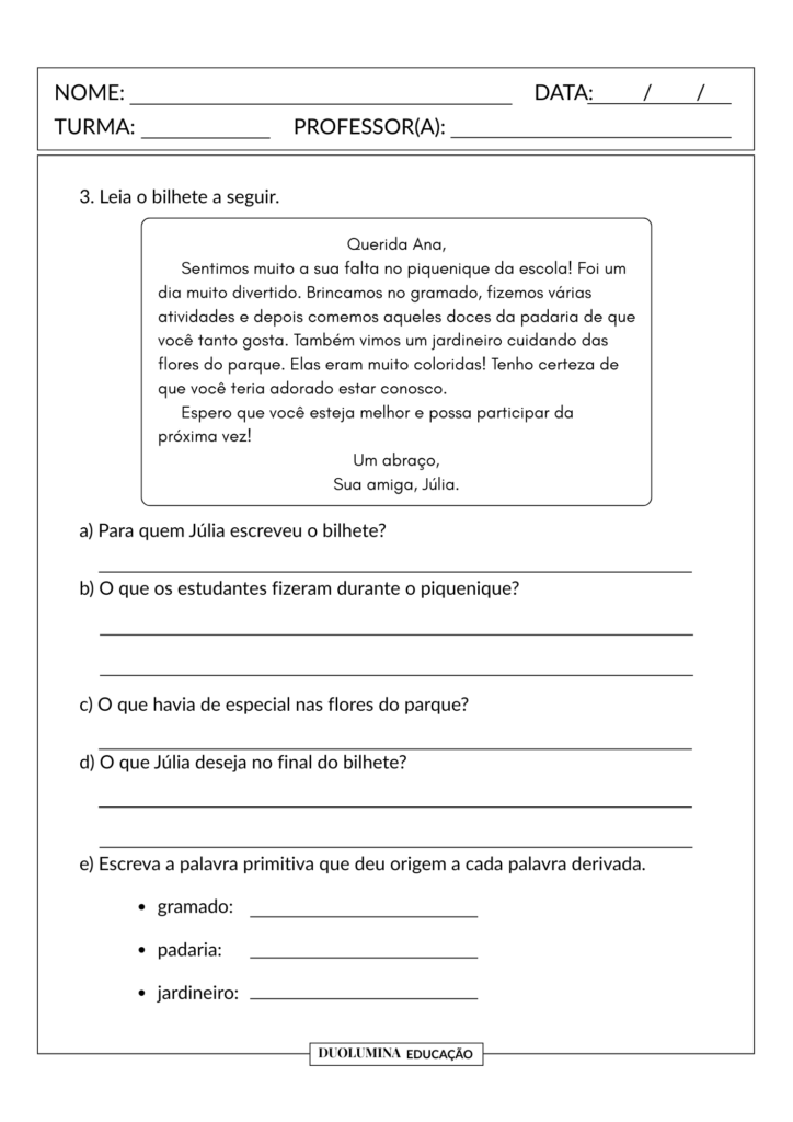 Baixe gratuitamente atividades sobre palavras primitivas e derivadas. Material em PDF com teoria, exercícios e interpretação de texto. Duolumina Educação.