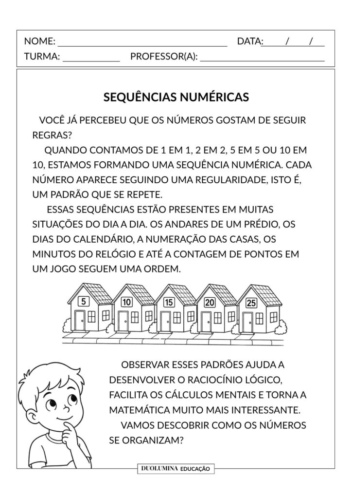 Baixe gratuitamente uma sequência de atividades de Matemática para o 2º ano sobre sequências numéricas. Material em PDF para desenvolver a habilidade EF02MA09 de forma lúdica e significativa.