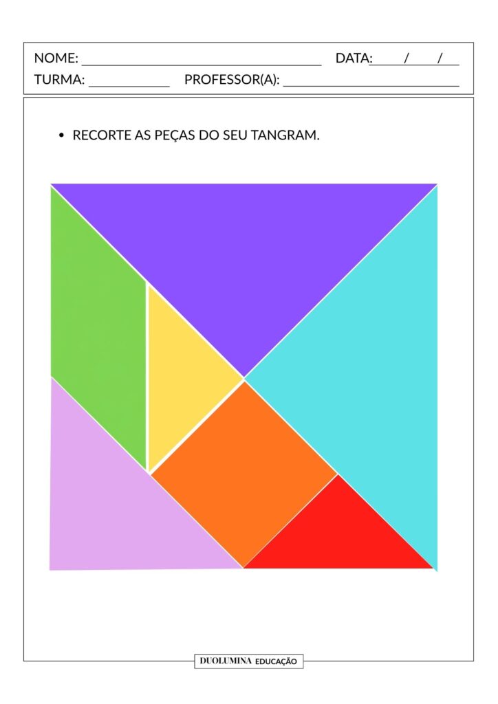Baixe gratuitamente uma atividade de Tangram para imprimir. Desenvolva criatividade, percepção espacial e raciocínio lógico. Duolumina Educação.
