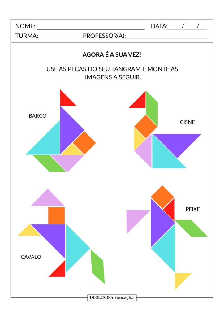 Baixe gratuitamente uma atividade de Tangram para imprimir. Desenvolva criatividade, percepção espacial e raciocínio lógico. Duolumina Educação.