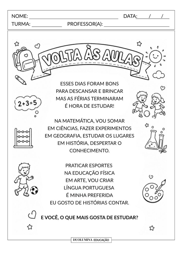 Atividade para Volta às Aulas. Material com poema, interpretação de texto, produção de legendas e desenho, alinhado à BNCC.