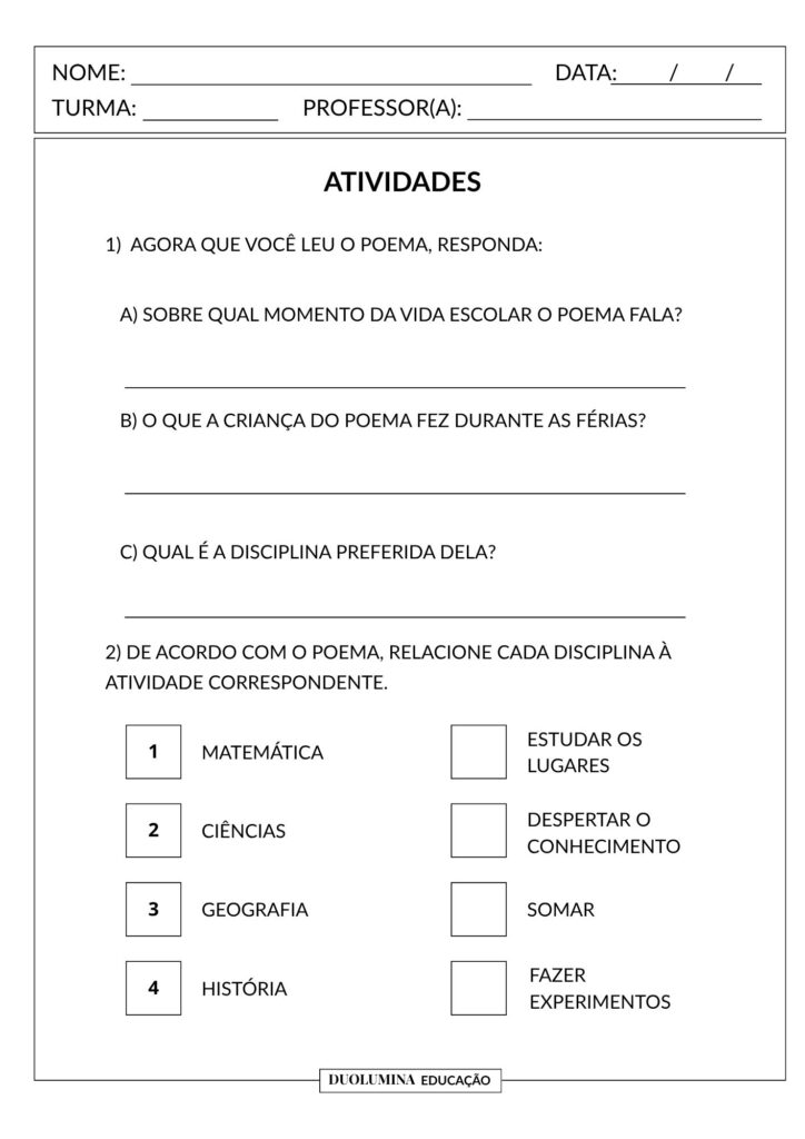 Atividade para Volta às Aulas. Material com poema, interpretação de texto, produção de legendas e desenho, alinhado à BNCC.