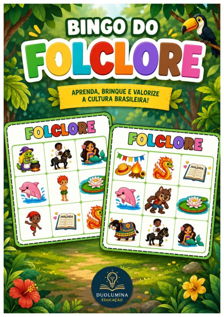Baixe gratuitamente o Bingo do Folclore para imprimir, com 20 cartelas diferentes, fichas com dicas e personagens do folclore brasileiro.