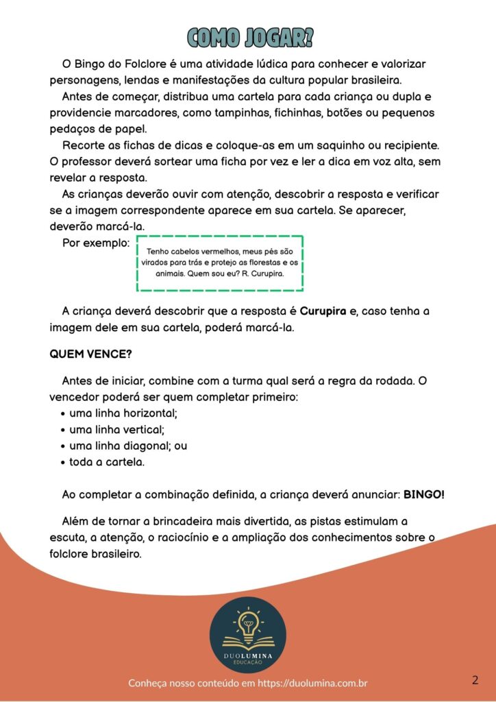 Baixe gratuitamente o Bingo do Folclore para imprimir, com 20 cartelas diferentes, fichas com dicas e personagens do folclore brasileiro.