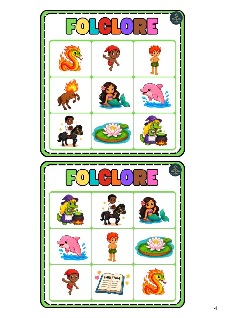 Baixe gratuitamente o Bingo do Folclore para imprimir, com 20 cartelas diferentes, fichas com dicas e personagens do folclore brasileiro.