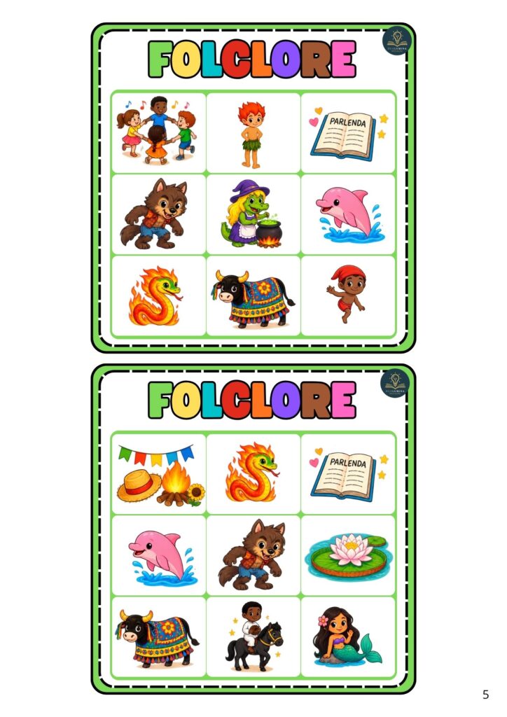 Baixe gratuitamente o Bingo do Folclore para imprimir, com 20 cartelas diferentes, fichas com dicas e personagens do folclore brasileiro.