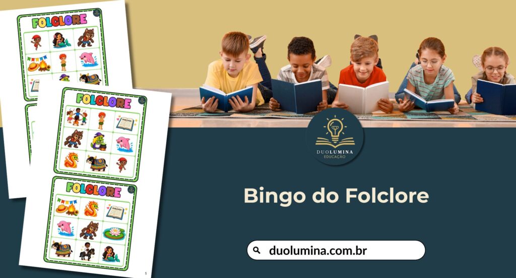 Baixe gratuitamente o Bingo do Folclore para imprimir, com 20 cartelas diferentes, fichas com dicas e personagens do folclore brasileiro.