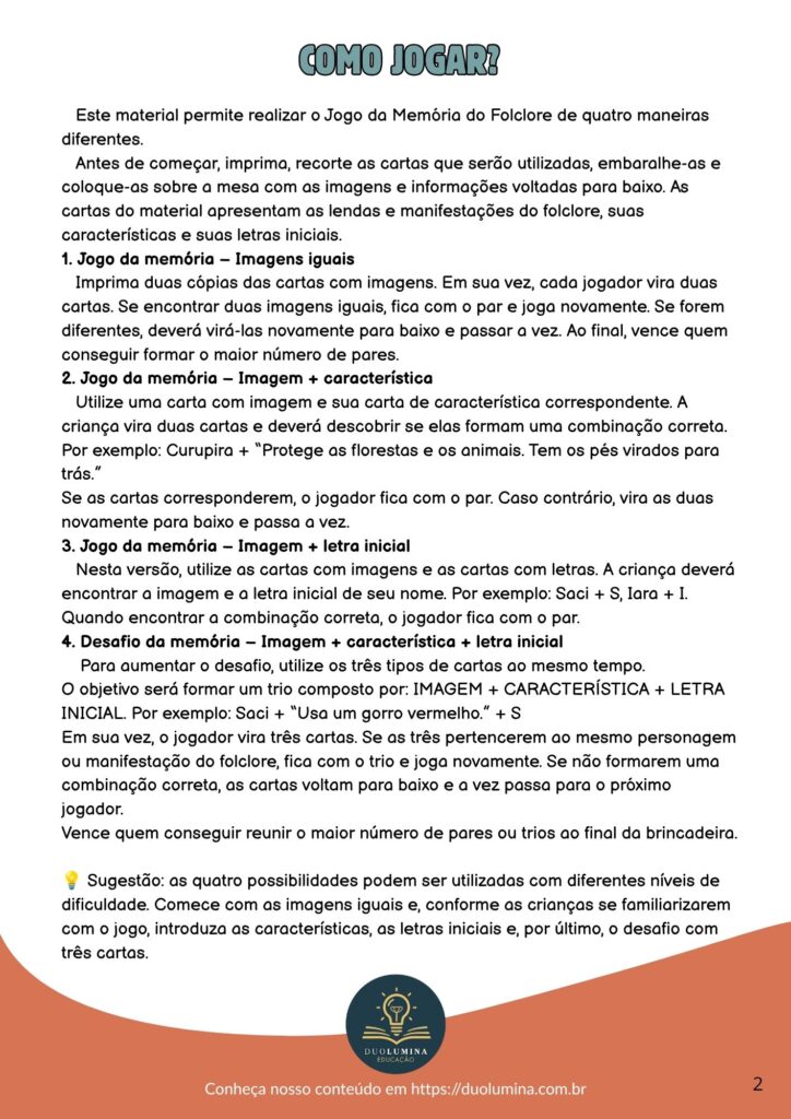 Baixe grátis o Jogo da Memória do Folclore para imprimir, com personagens, características e letras iniciais. São 4 formas diferentes de jogar! Duolumina Educação