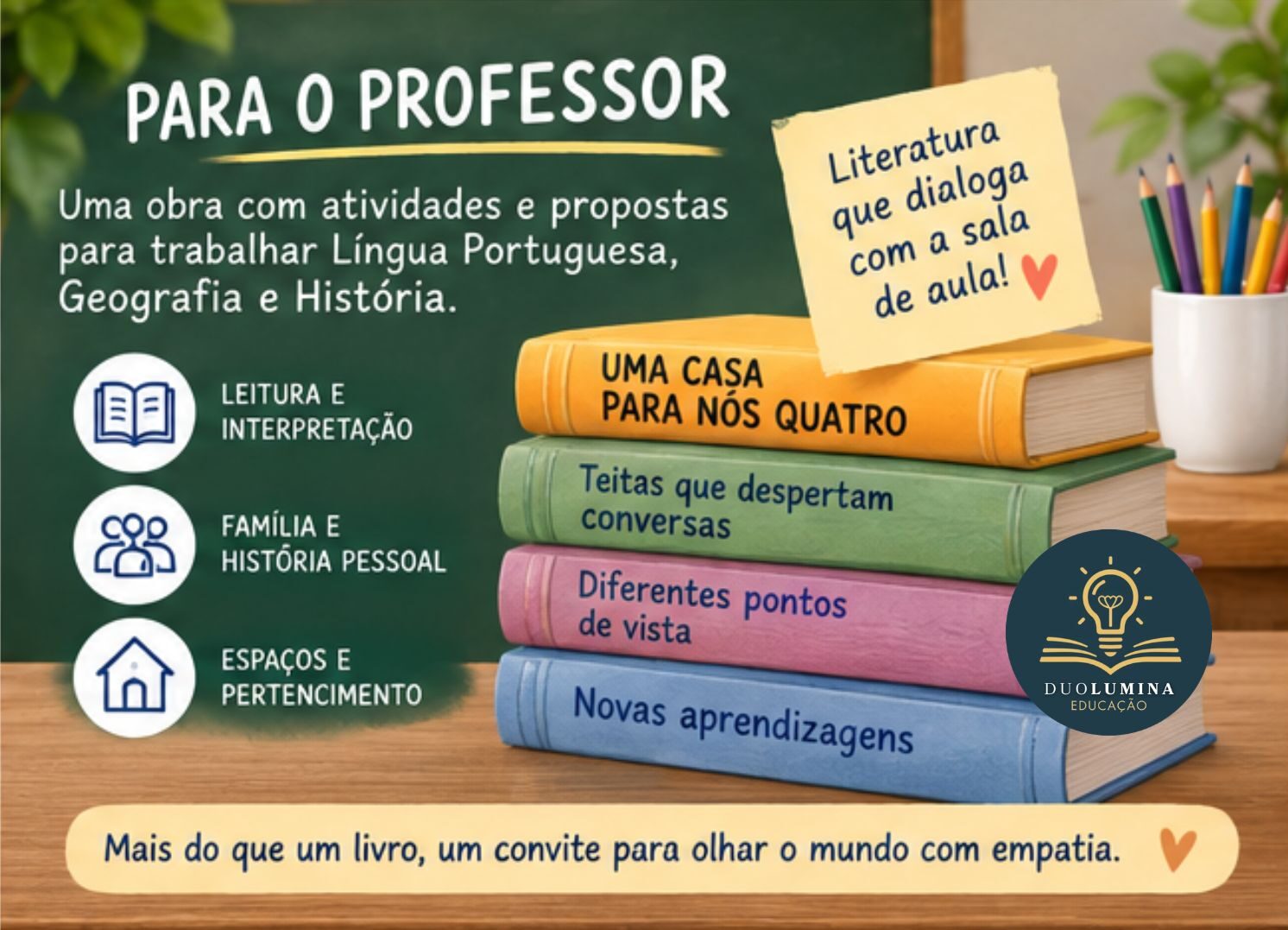 Livro infantil Uma Casa para Nós Quatro, de Karen Trefs, com história sobre família, convivência e os espaços da casa
