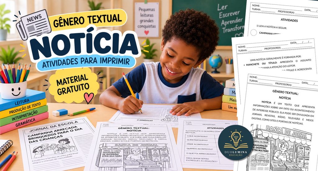 Criança realizando atividades sobre o gênero textual notícia