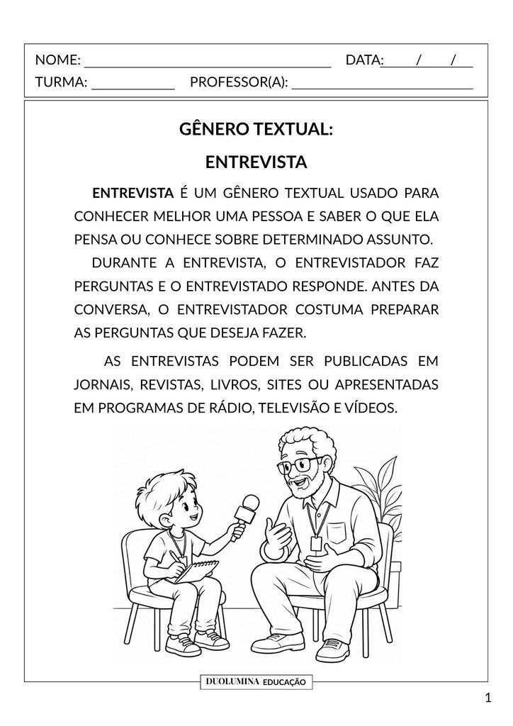 Atividades sobre gênero textual entrevista para imprimir - DuoLumina