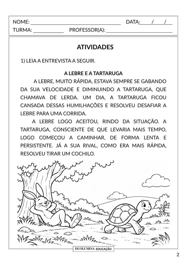 Atividades sobre Fábula para Imprimir | A Lebre e a Tartaruga