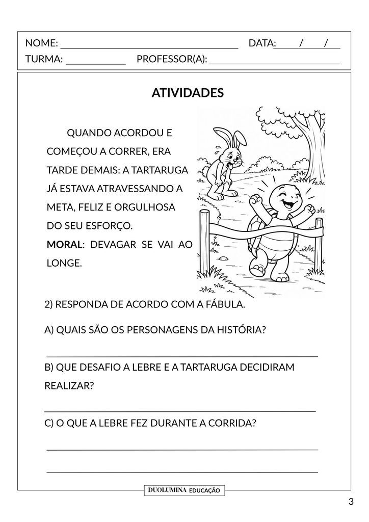 Atividades sobre Fábula para Imprimir | A Lebre e a Tartaruga