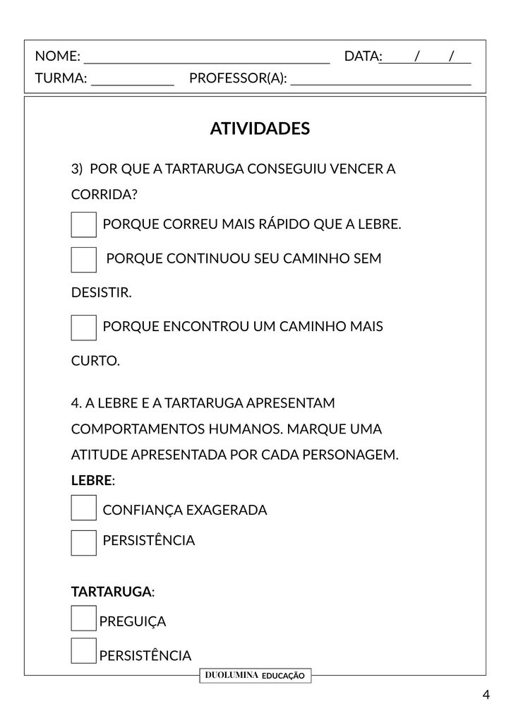 Atividades sobre Fábula para Imprimir | A Lebre e a Tartaruga
