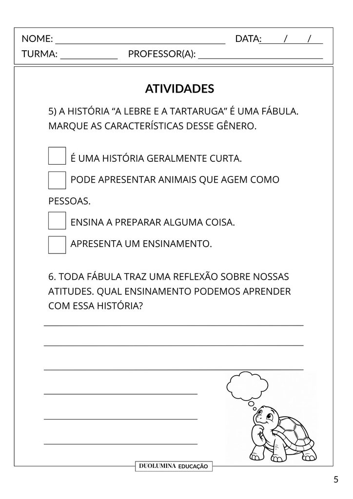 Atividades sobre Fábula para Imprimir | A Lebre e a Tartaruga