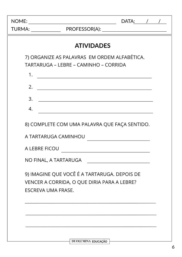 Atividades sobre Fábula para Imprimir | A Lebre e a Tartaruga