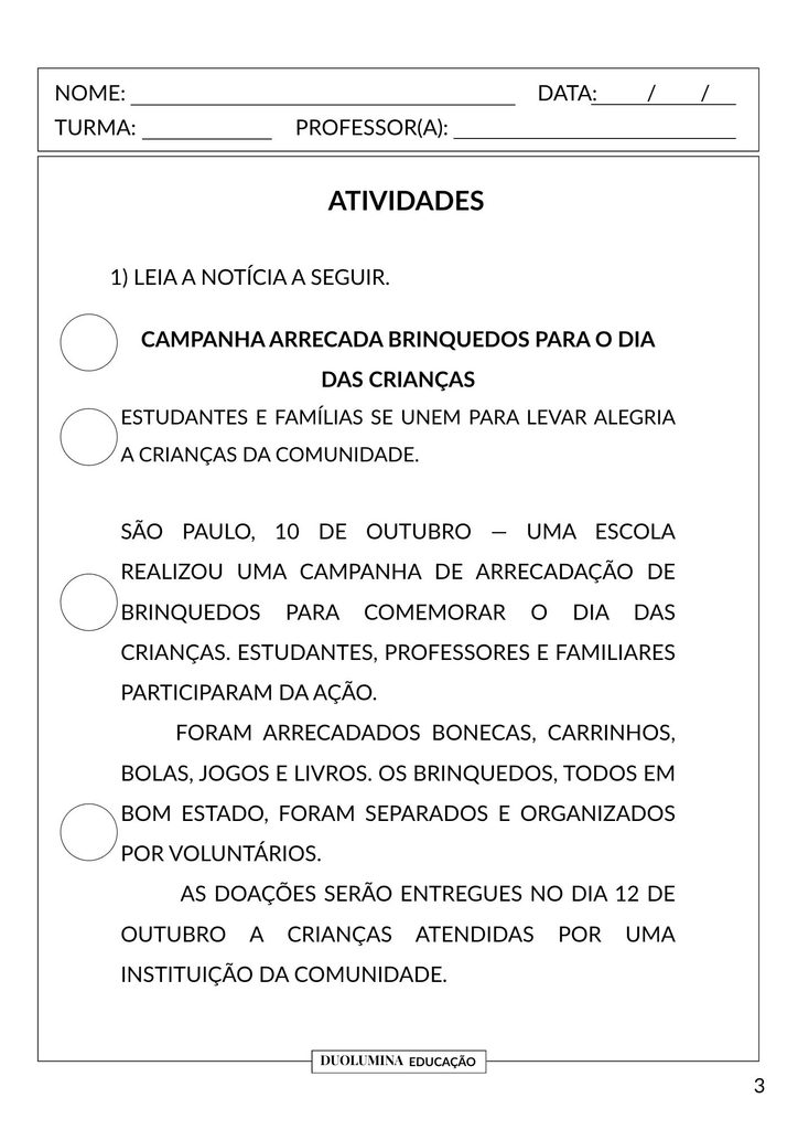 Atividade de leitura de notícia para o Ensino Fundamental