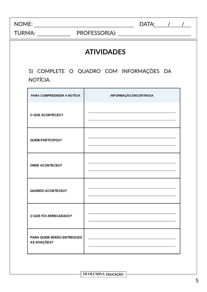 Atividade de compreensão e localização de informações na notícia