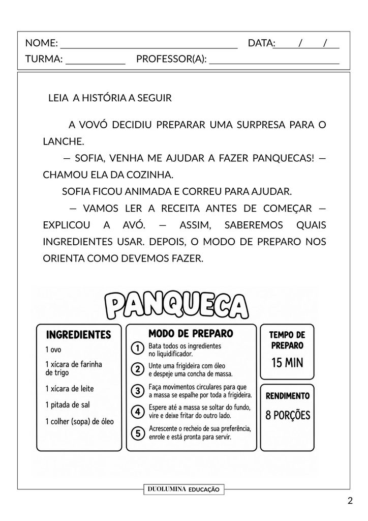 Atividade de leitura com receita de panqueca