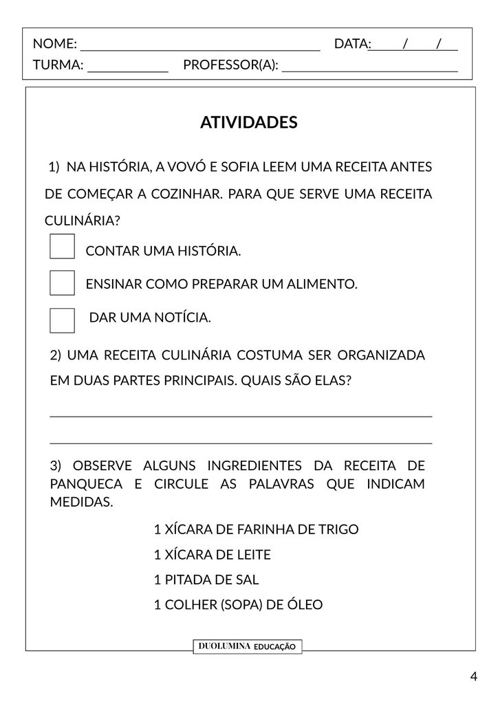Atividades de interpretação sobre receita culinária